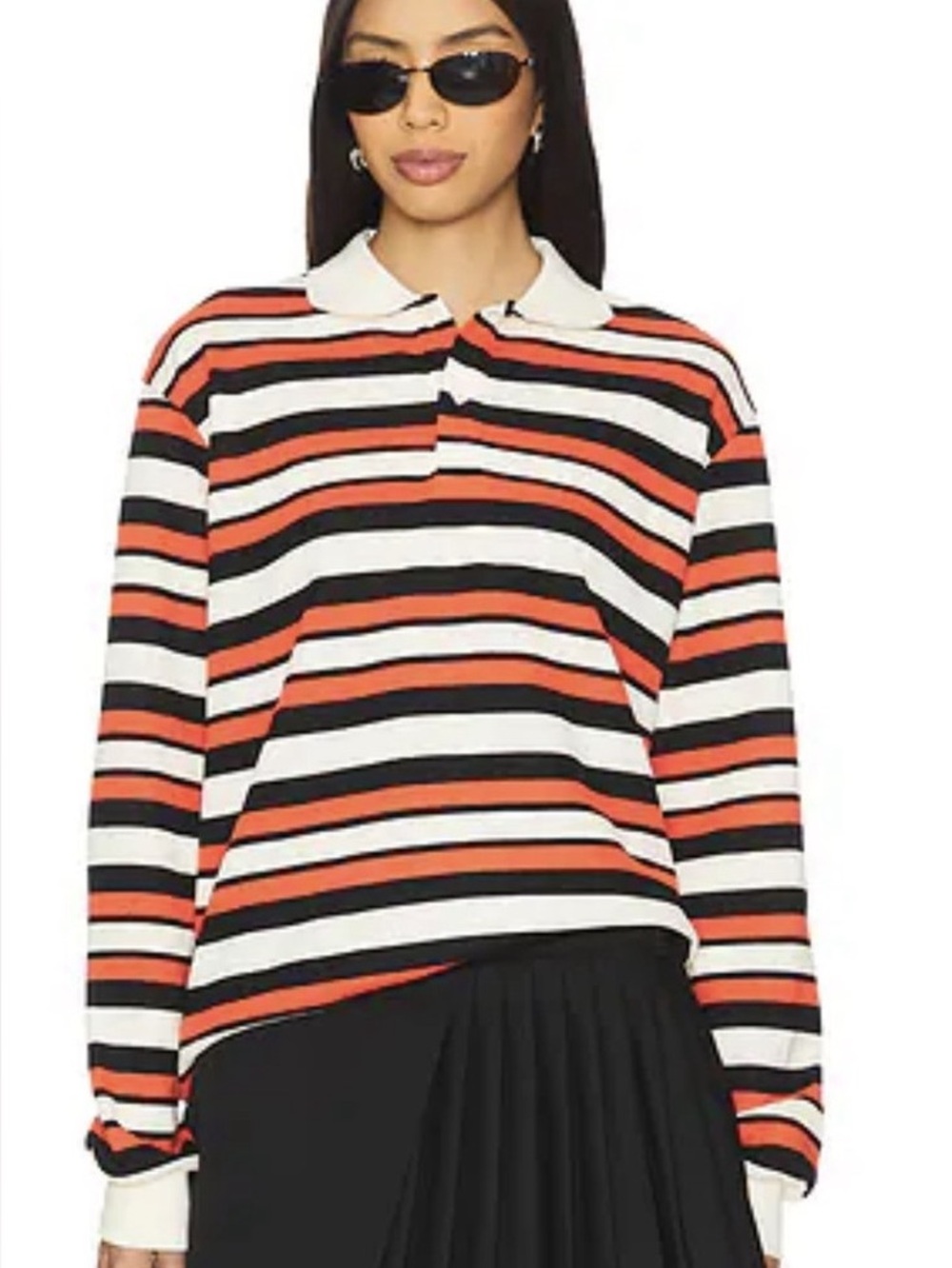 Lioness Striped Long-Sleeve Polo Top in White, Black & Orange medium